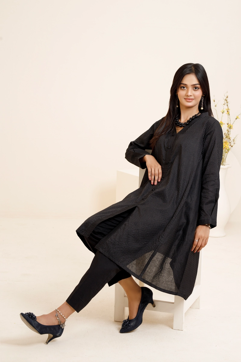 Black Striped Lawn Cotton One Piece