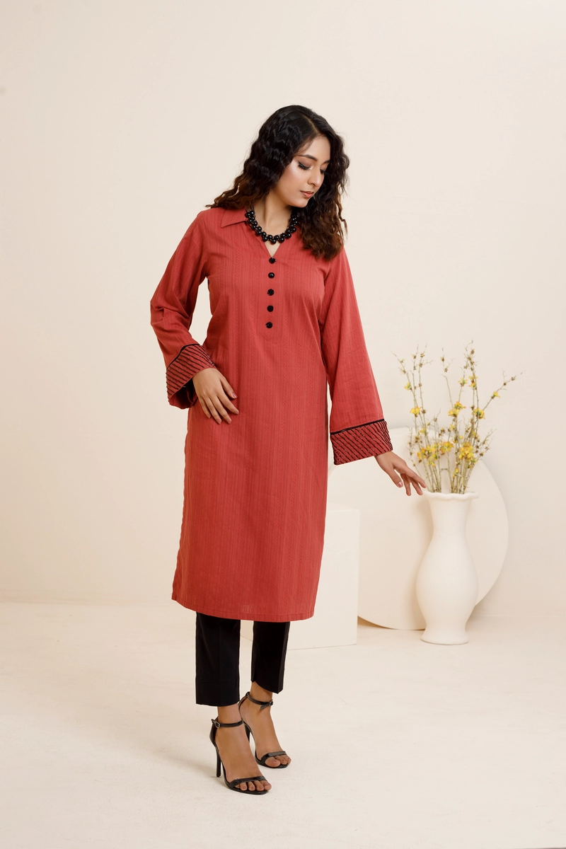 Brown Self lawn- Stitched 1 piece shirt