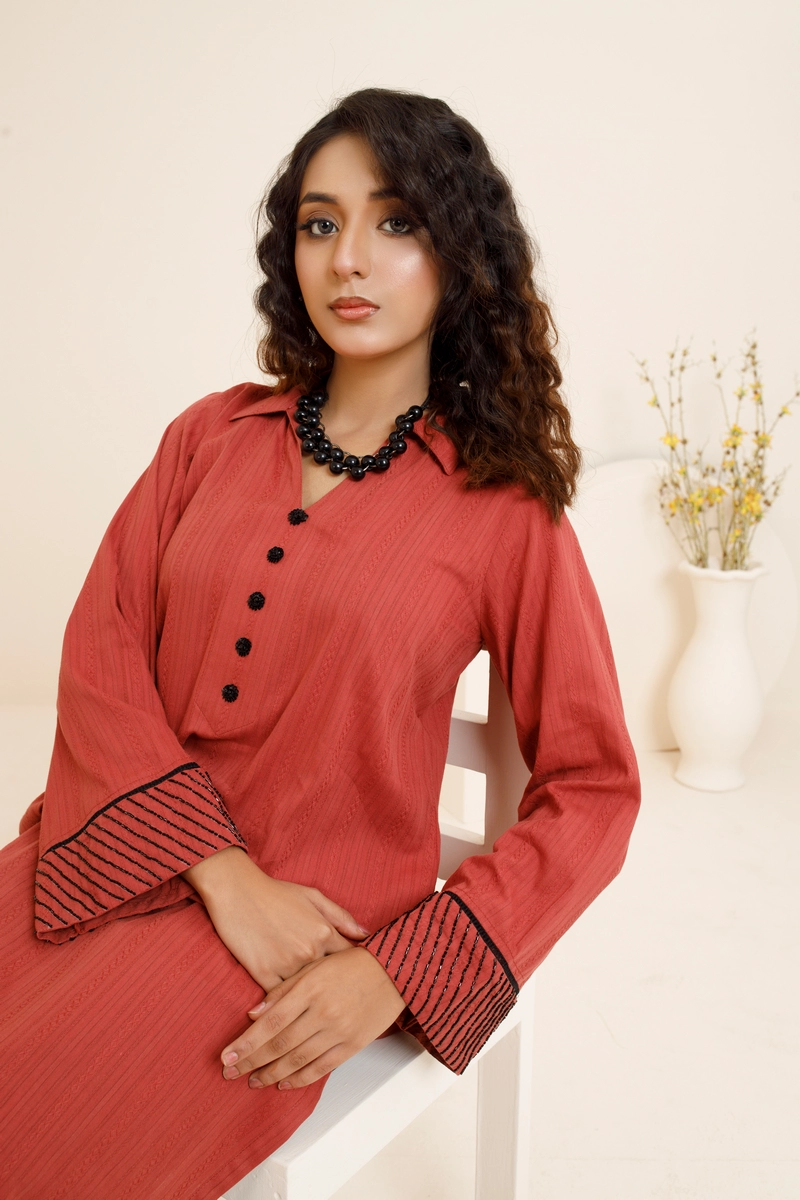 Brown Self lawn- Stitched 1 piece shirt