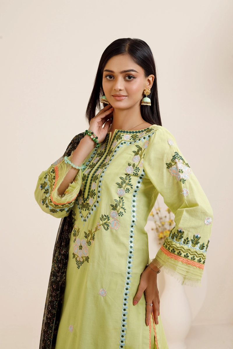 Lime Green Embroidered-Stitched 3 piece suit
