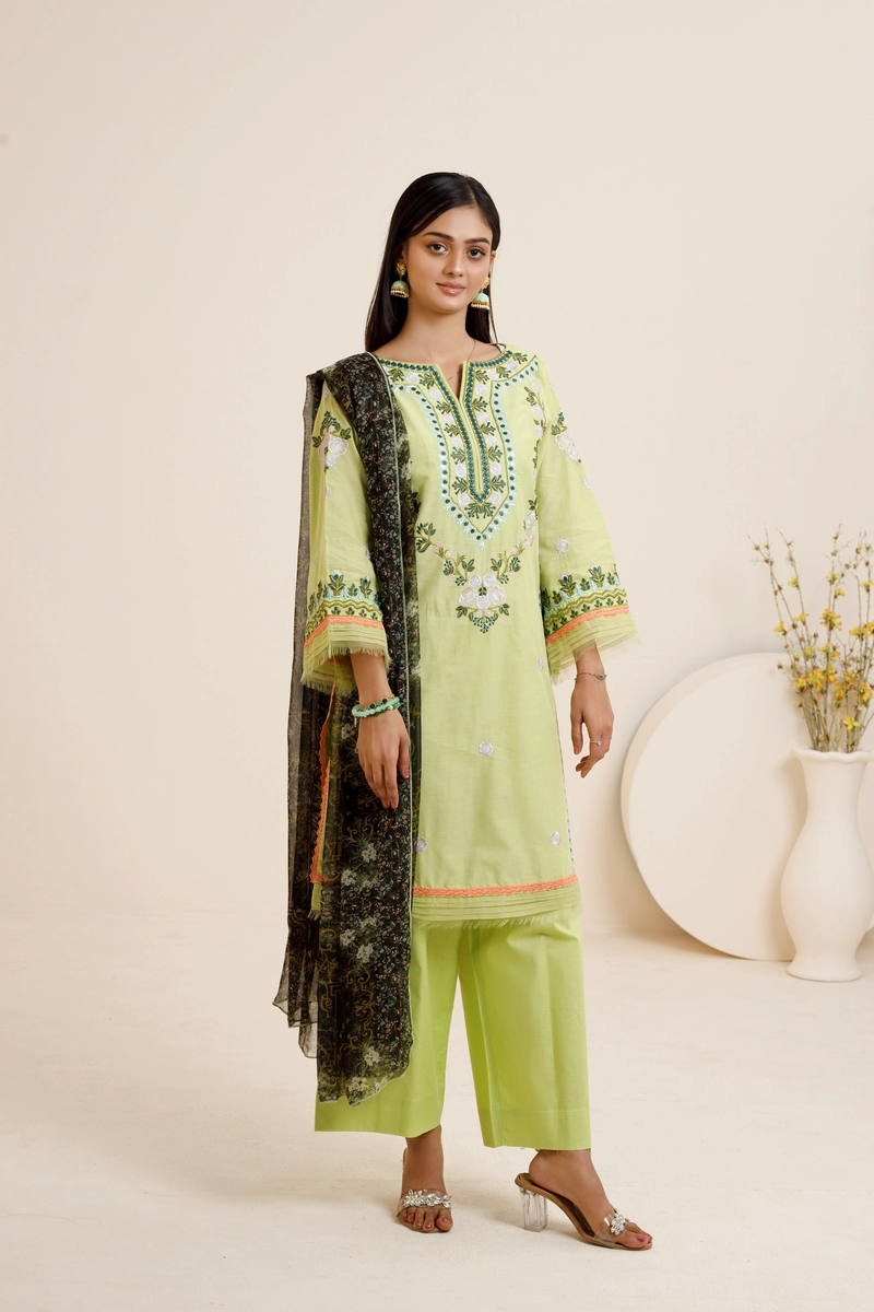 Lime Green Embroidered-Stitched 3 piece suit