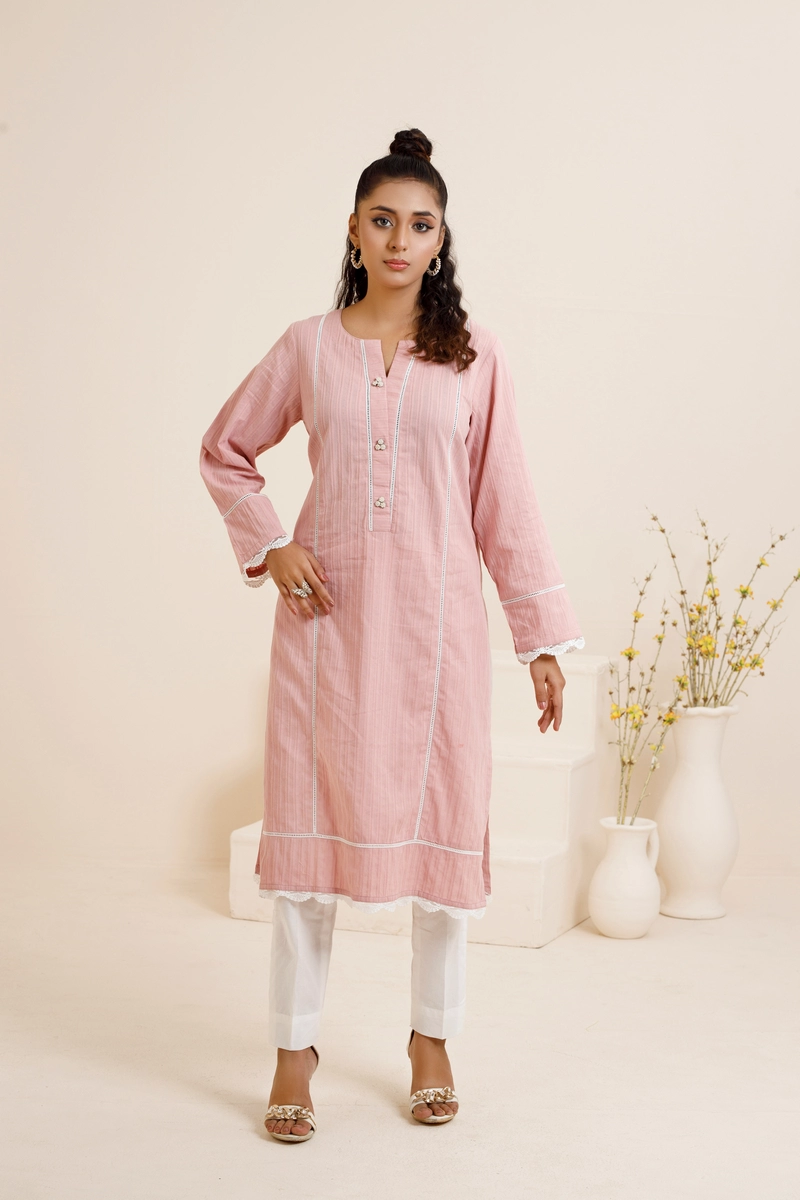 Tea Pink- Self Lawn Stitched One Piece