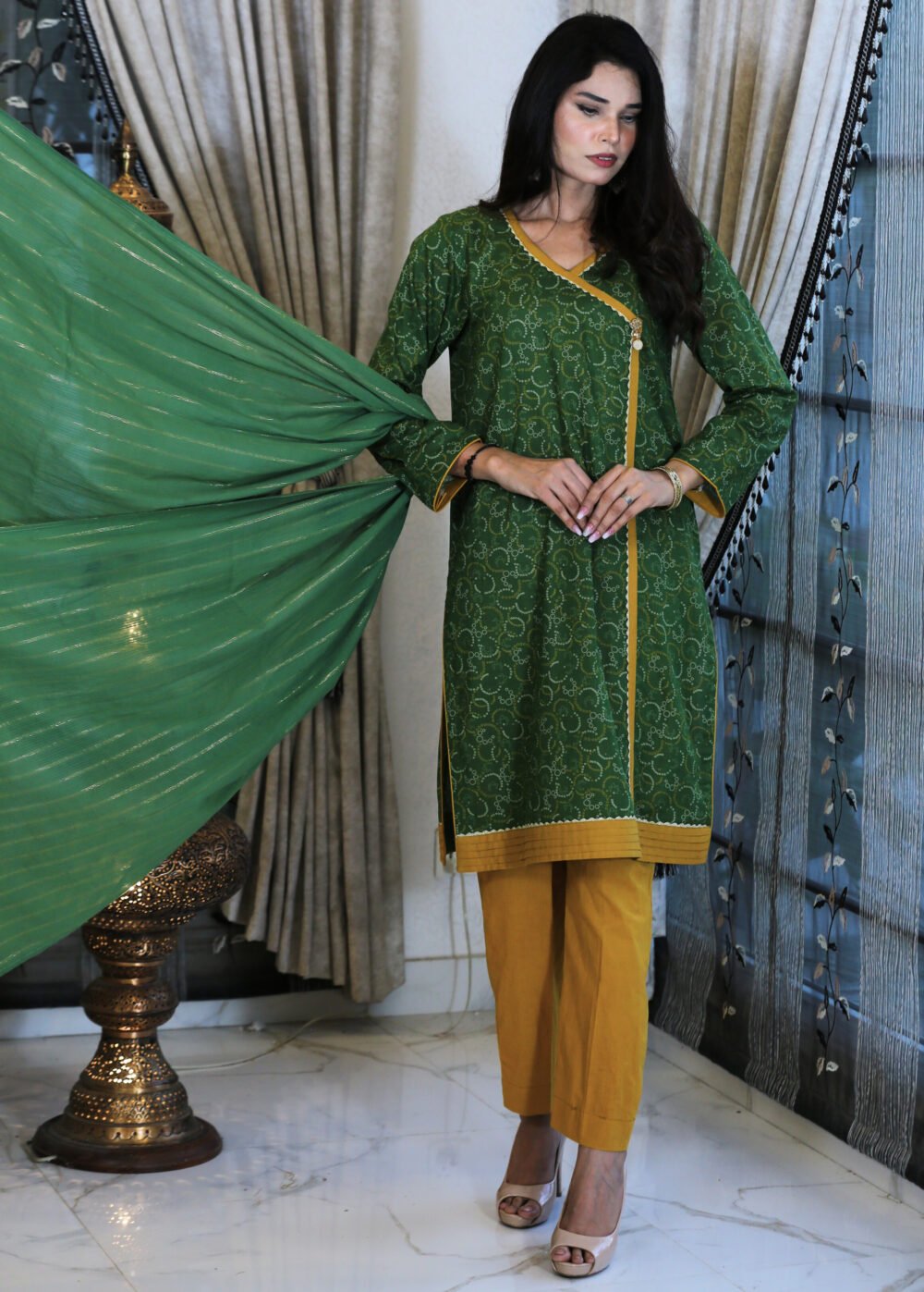 Classic Angrakha – 3-Piece Green & Mustard Angrakha Style Suit