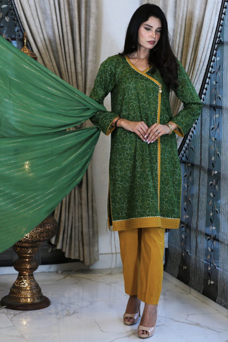 Classic Angrakha – 3-Piece Green & Mustard Angrakha Style Suit