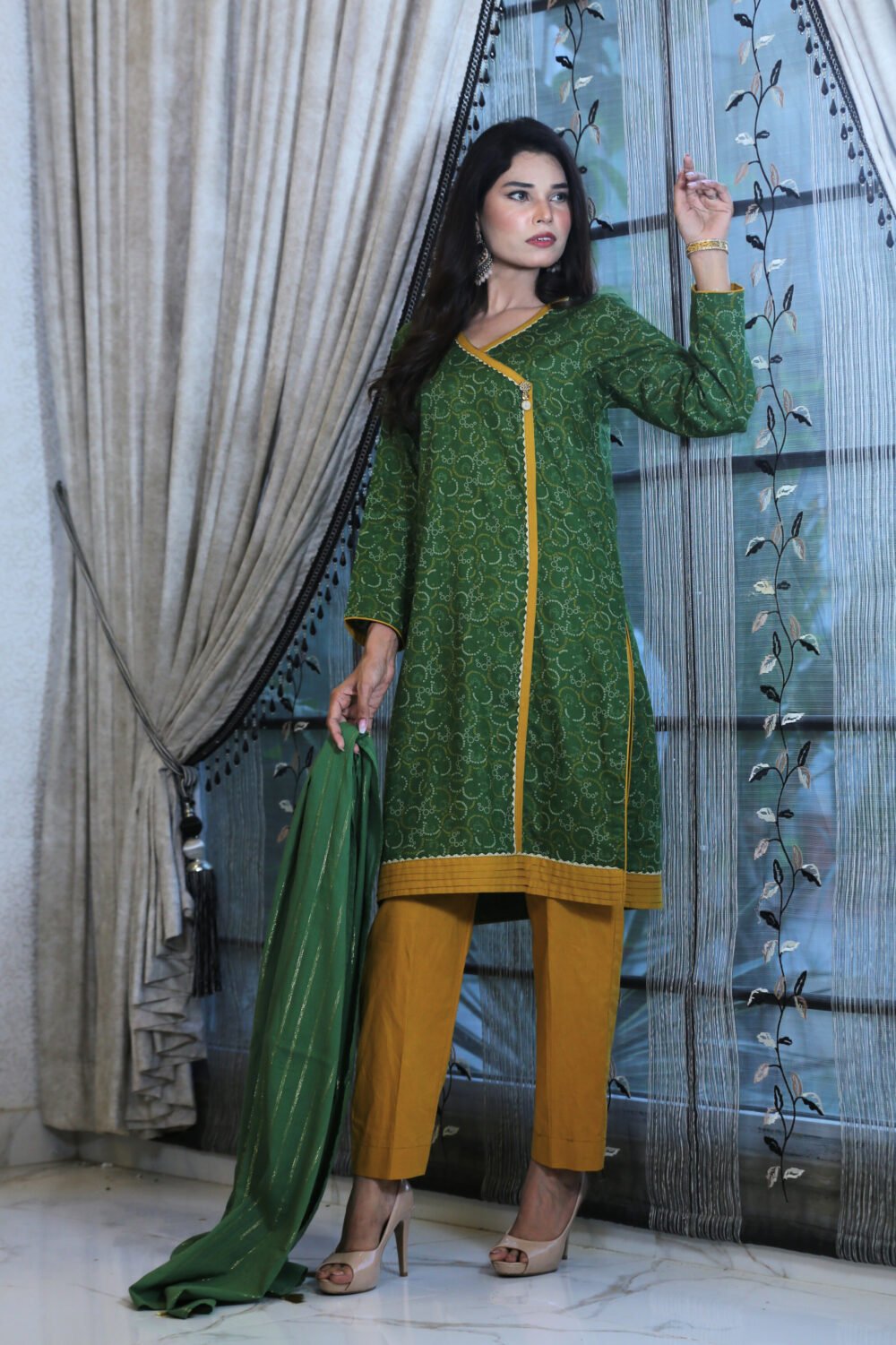Classic Angrakha – 3-Piece Green & Mustard Angrakha Style Suit - Image 3