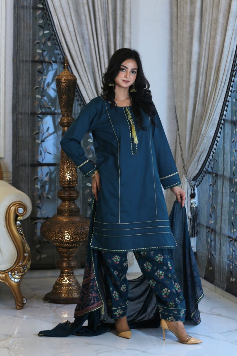 Blue Blossom – 3-Piece Eid Lawn Suit with Block Print