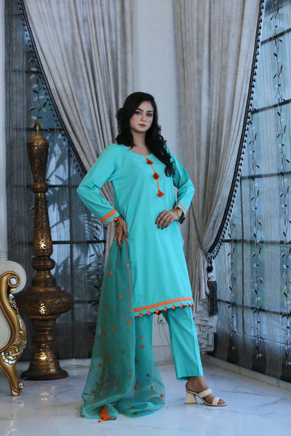 Turquoise Grace – 3-Piece Lawn Suit with Organza Dupatta (Eid Collection)
