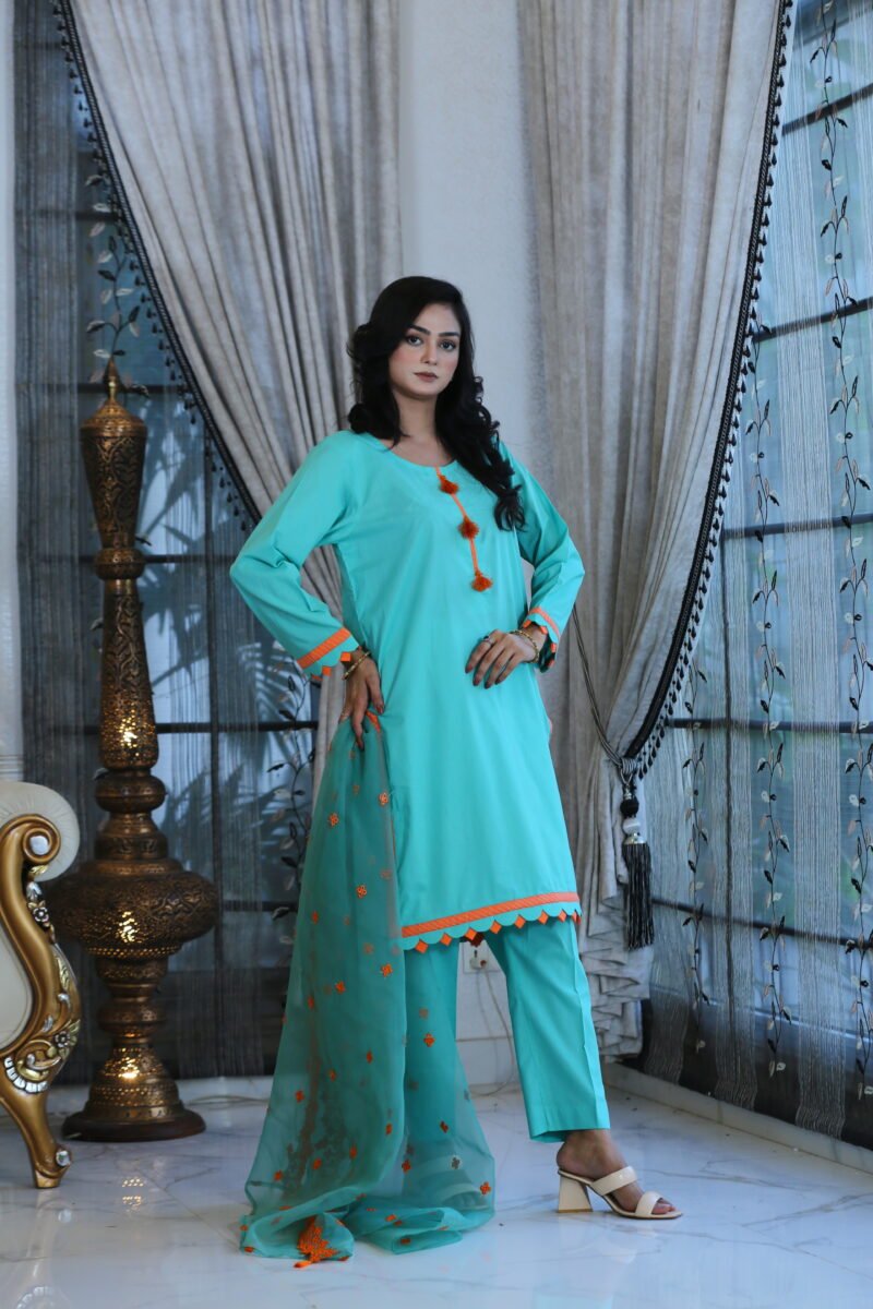 Turquoise Grace – 3-Piece Lawn Suit with Organza Dupatta (Eid Collection)