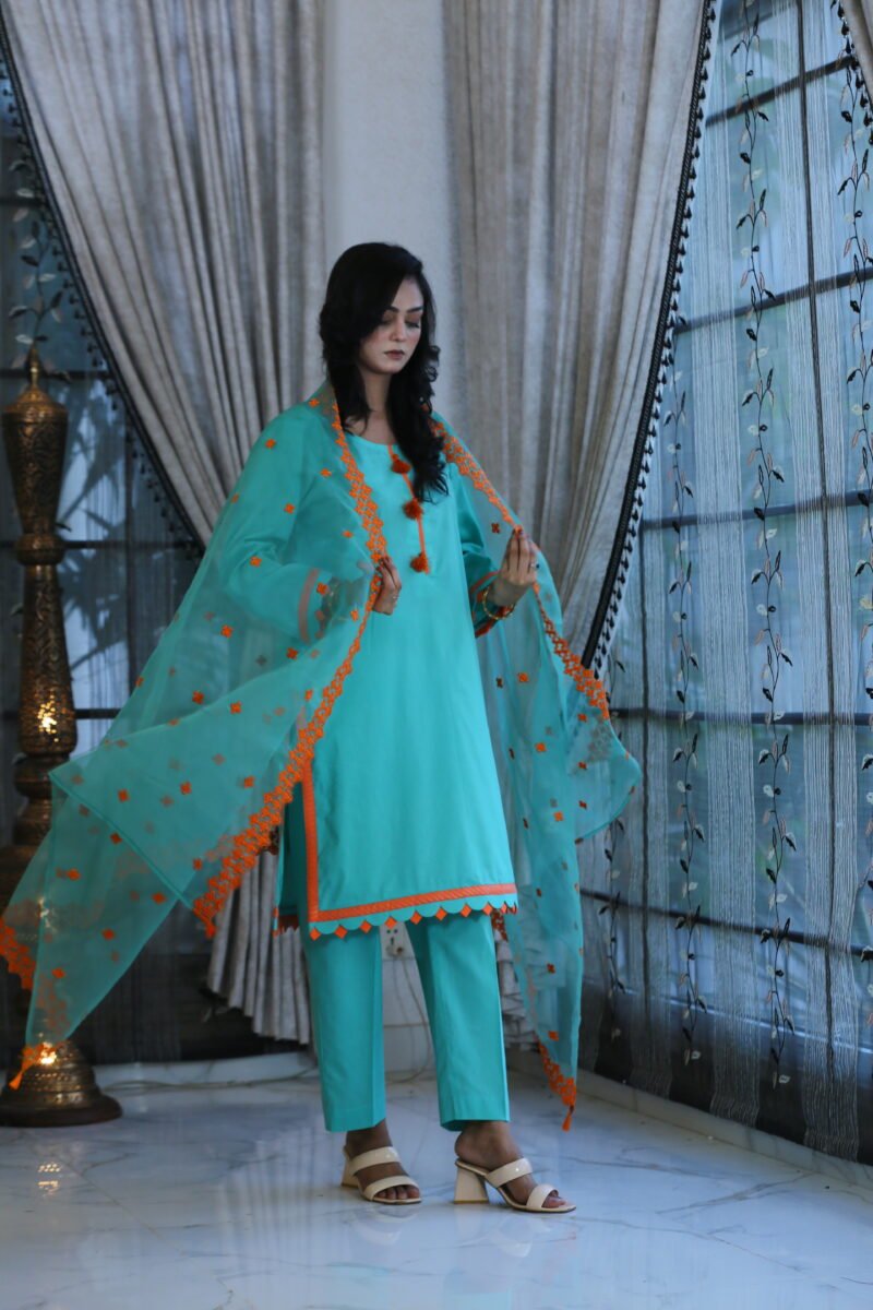 Turquoise Grace – 3-Piece Lawn Suit with Organza Dupatta (Eid Collection)