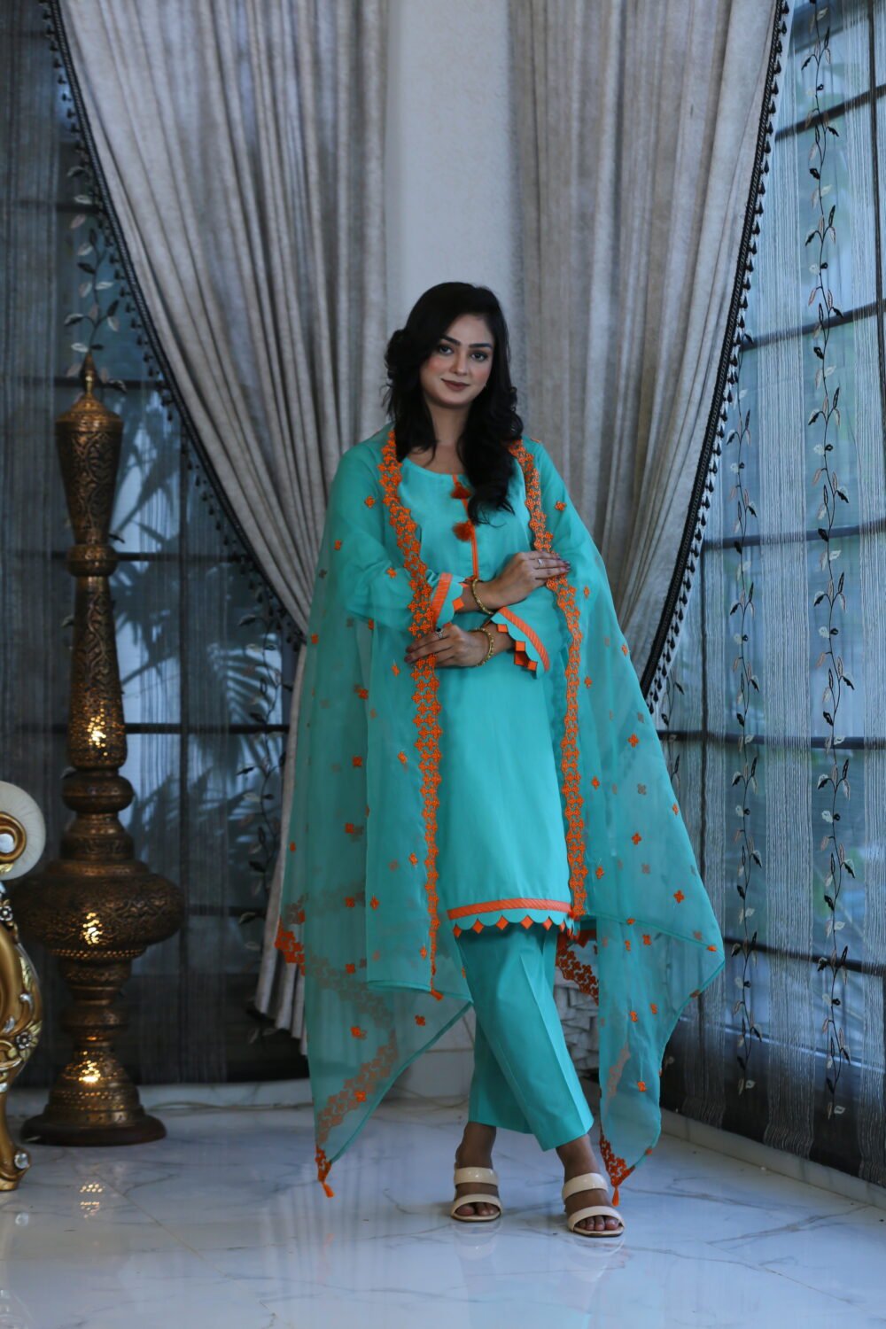 Turquoise Grace – 3-Piece Lawn Suit with Organza Dupatta (Eid Collection) - Image 3