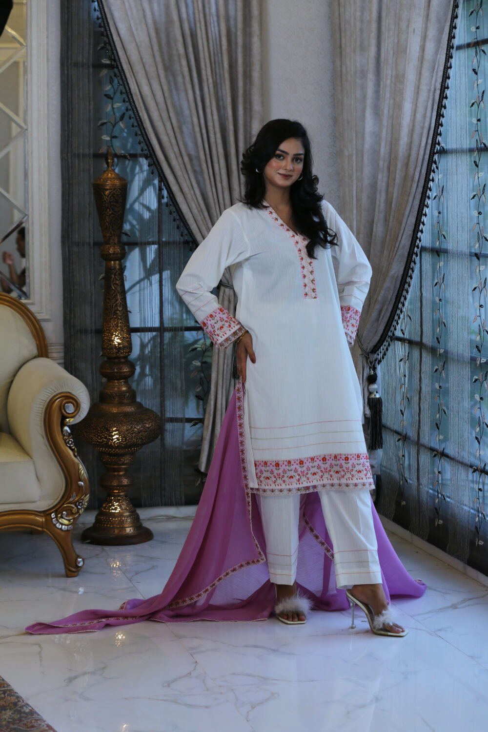 Blush White – 3-Piece Embroidered Lawn Suit (Eid Collection) - Image 3