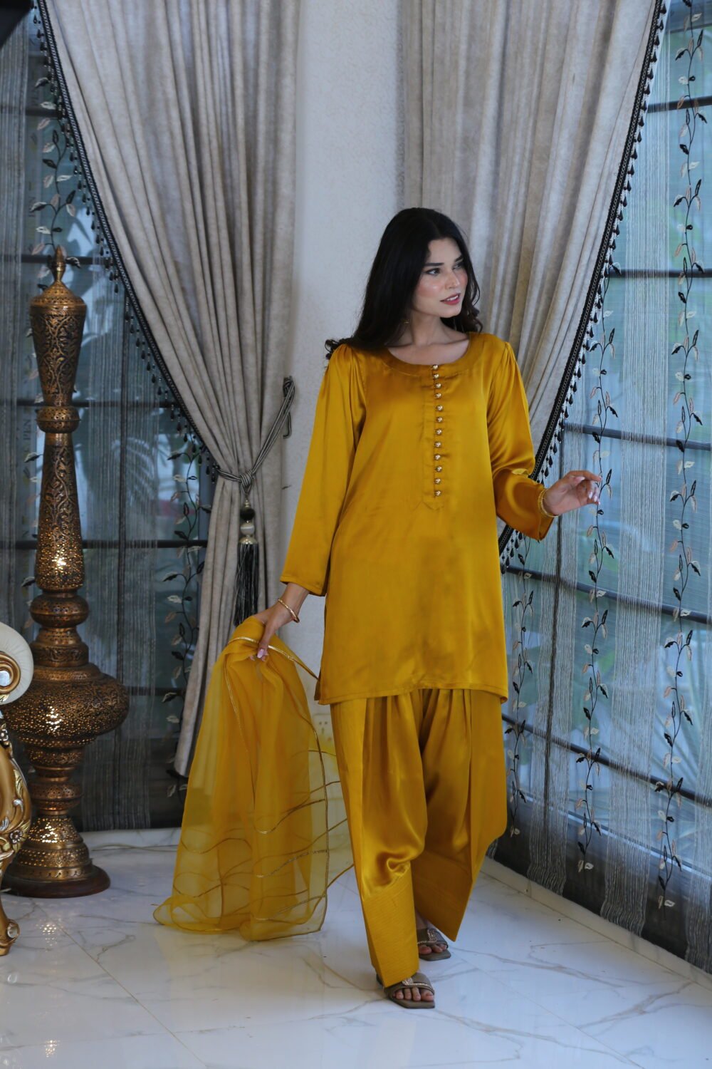 Mustard Luxe – 3-Piece Silk Suit with Farshi Shalwar & Organza Dupatta - Image 2
