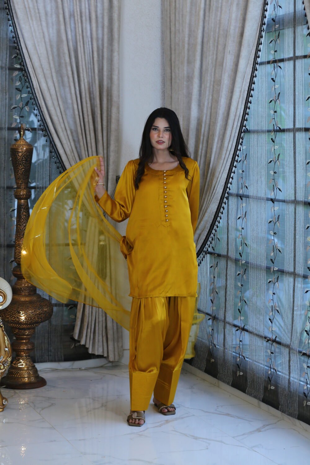 Mustard Luxe – 3-Piece Silk Suit with Farshi Shalwar & Organza Dupatta - Image 4