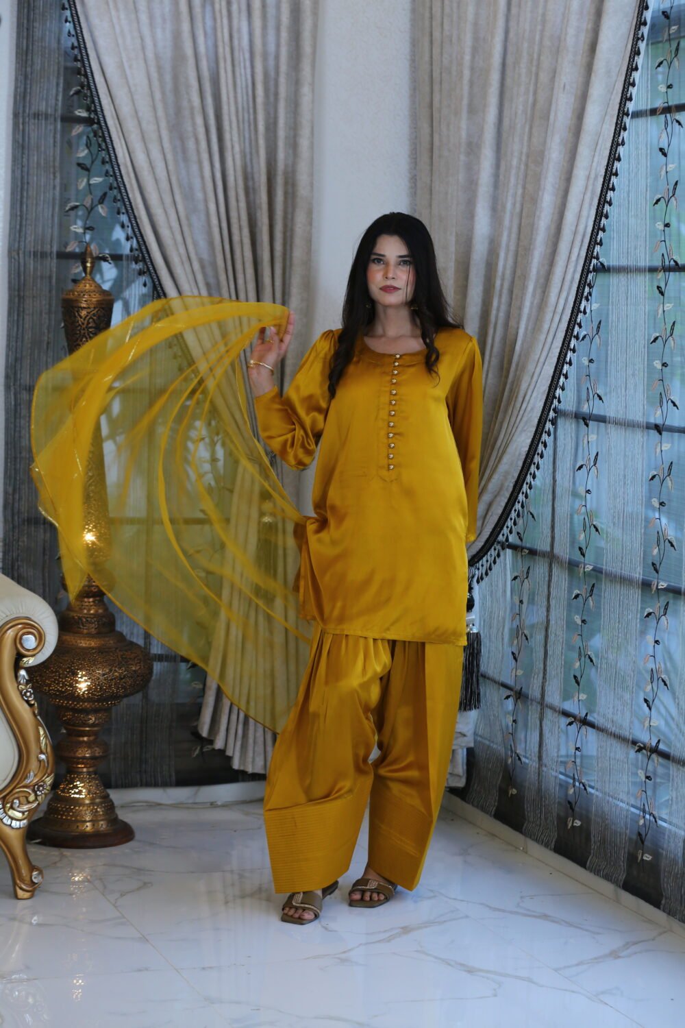 Mustard Luxe – 3-Piece Silk Suit with Farshi Shalwar & Organza Dupatta - Image 5