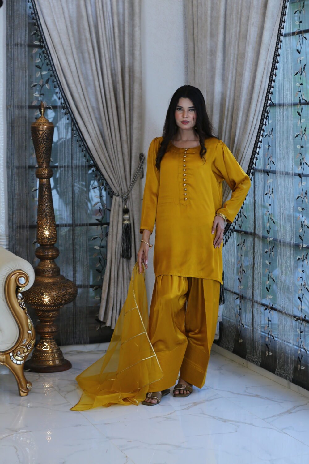Mustard Luxe – 3-Piece Silk Suit with Farshi Shalwar & Organza Dupatta