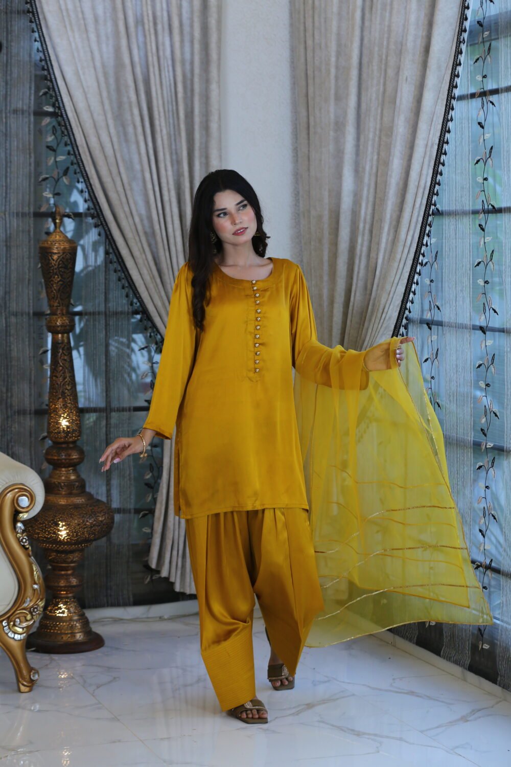 Mustard Luxe – 3-Piece Silk Suit with Farshi Shalwar & Organza Dupatta - Image 6
