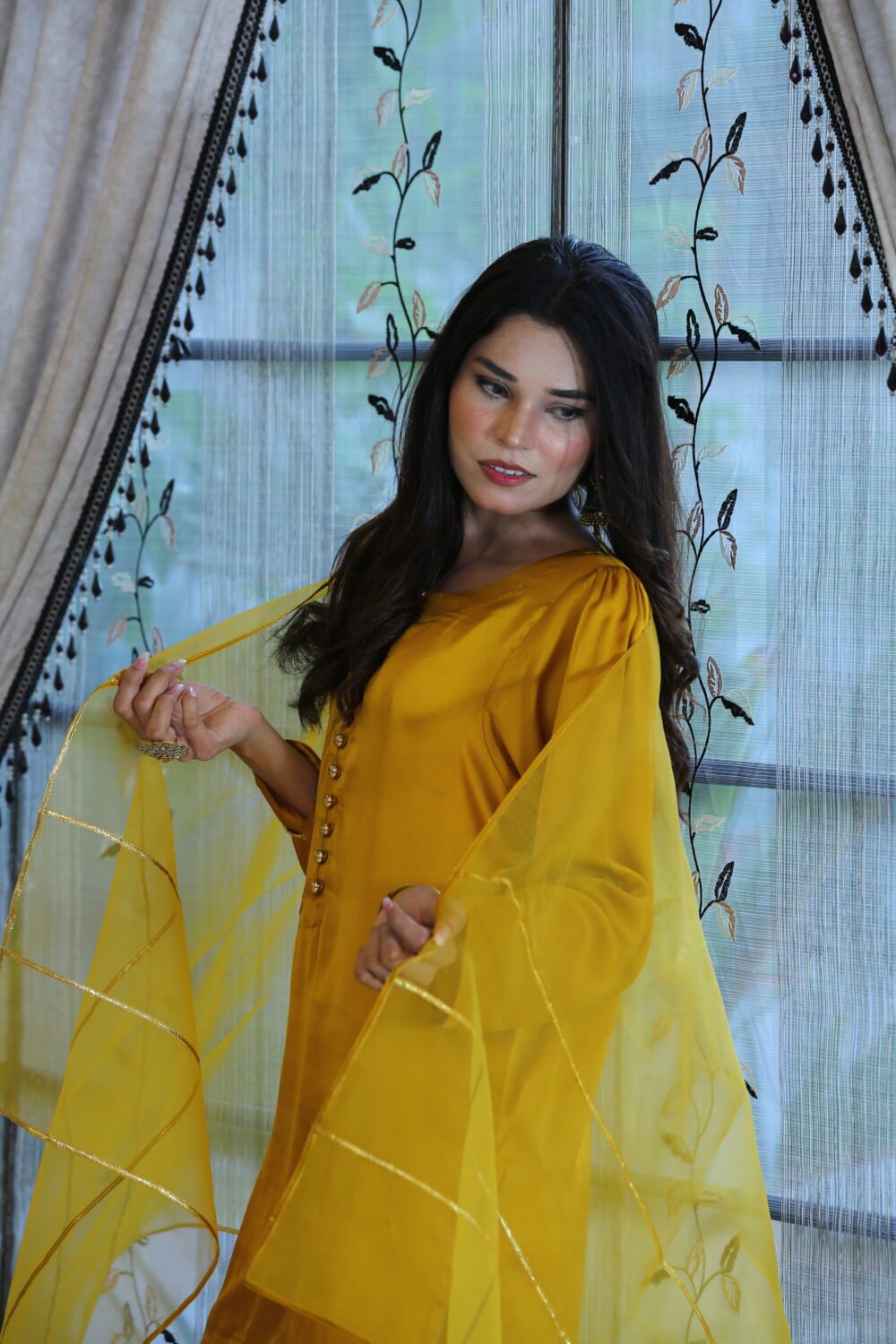 Mustard Luxe – 3-Piece Silk Suit with Farshi Shalwar & Organza Dupatta - Image 7