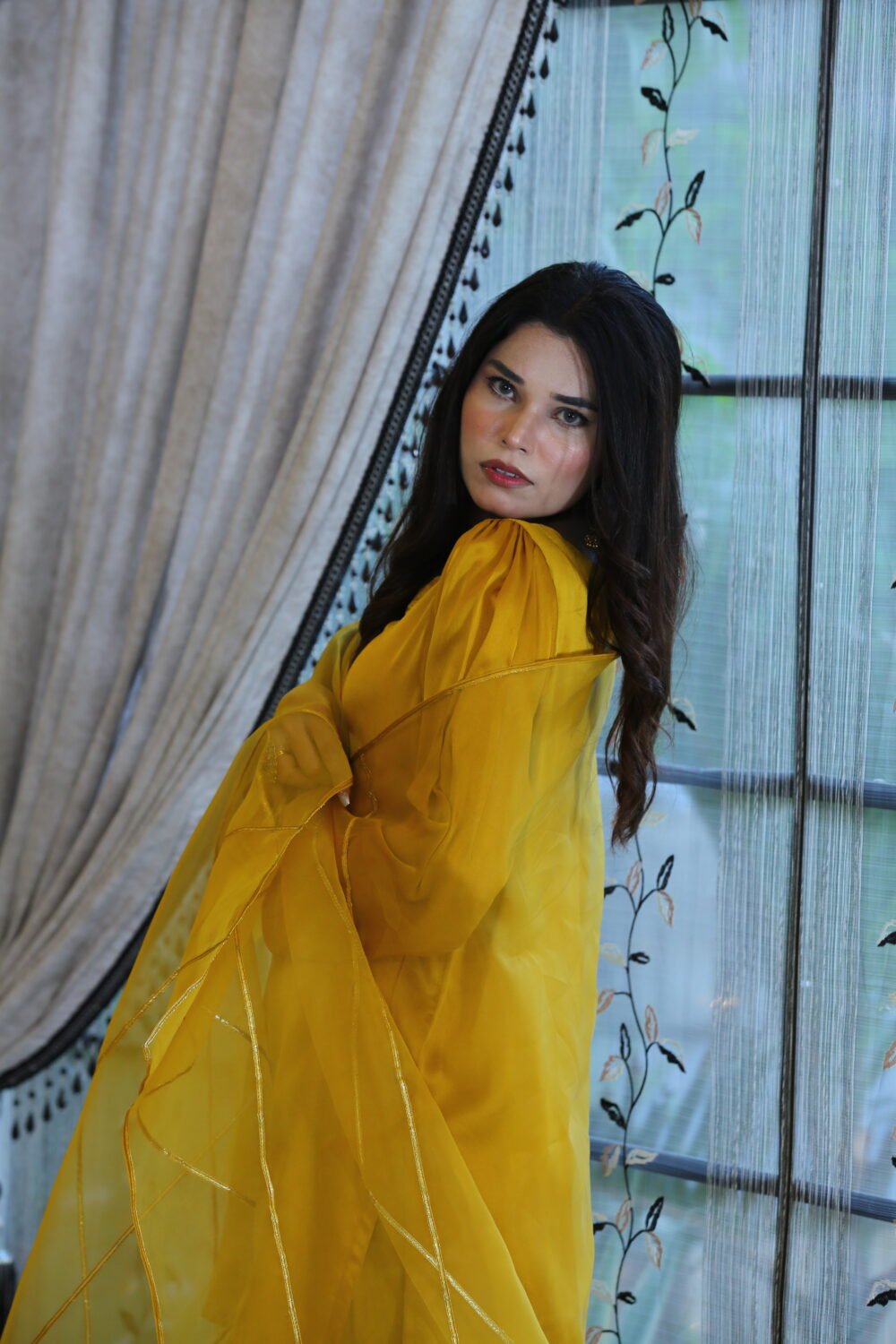Mustard Luxe – 3-Piece Silk Suit with Farshi Shalwar & Organza Dupatta - Image 8