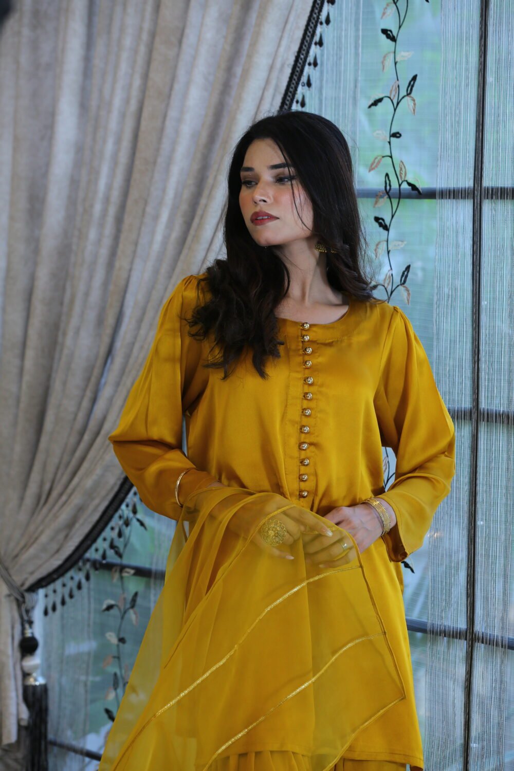 Mustard Luxe – 3-Piece Silk Suit with Farshi Shalwar & Organza Dupatta - Image 9