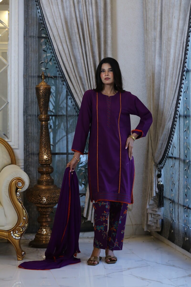 Purple Charm – 3-Piece Lawn Suit with Block Print & Lace Details