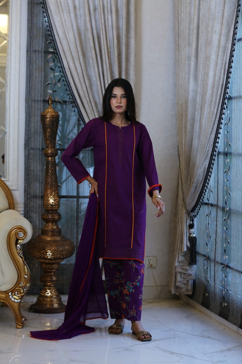 Purple Charm – 3-Piece Lawn Suit with Block Print & Lace Details - Image 3