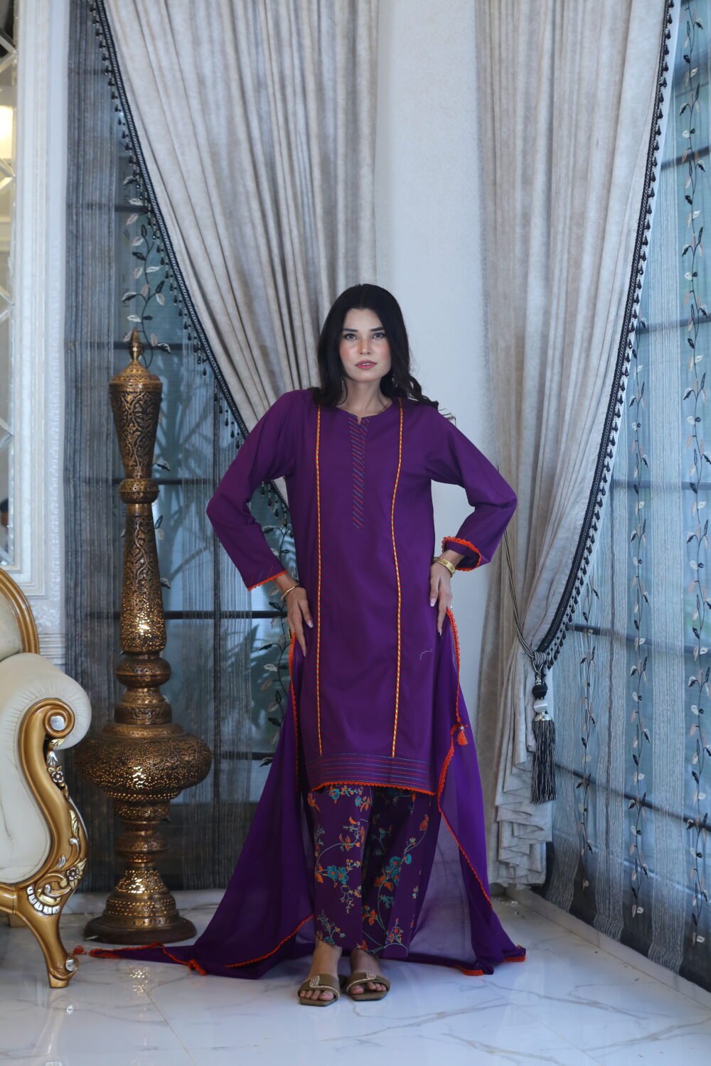 Purple Charm – 3-Piece Lawn Suit with Block Print & Lace Details - Image 6