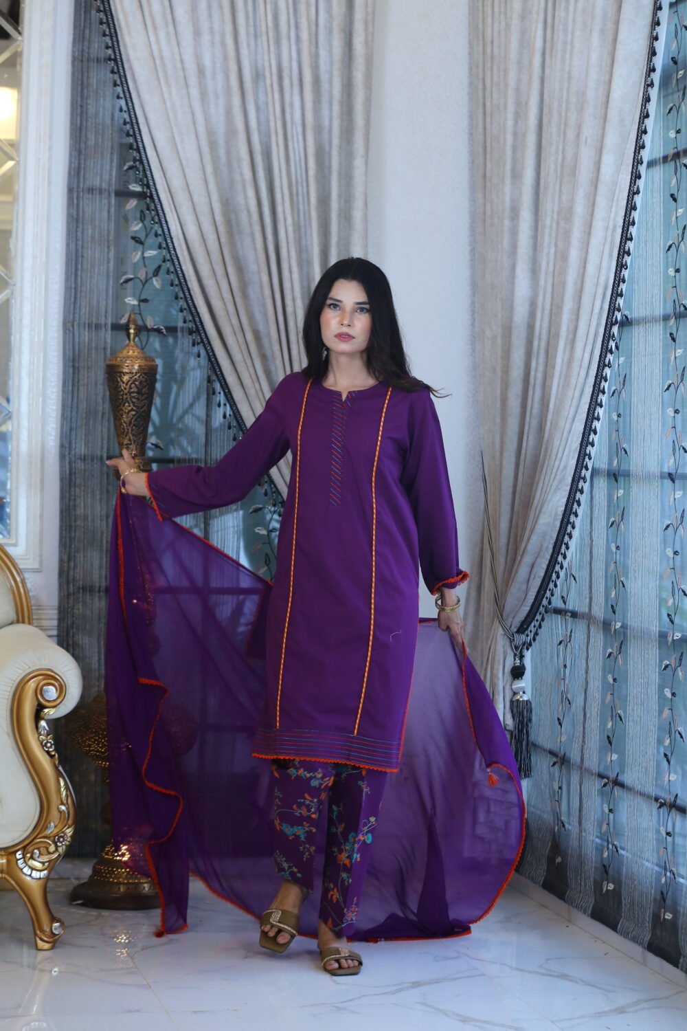 Purple Charm – 3-Piece Lawn Suit with Block Print & Lace Details - Image 7