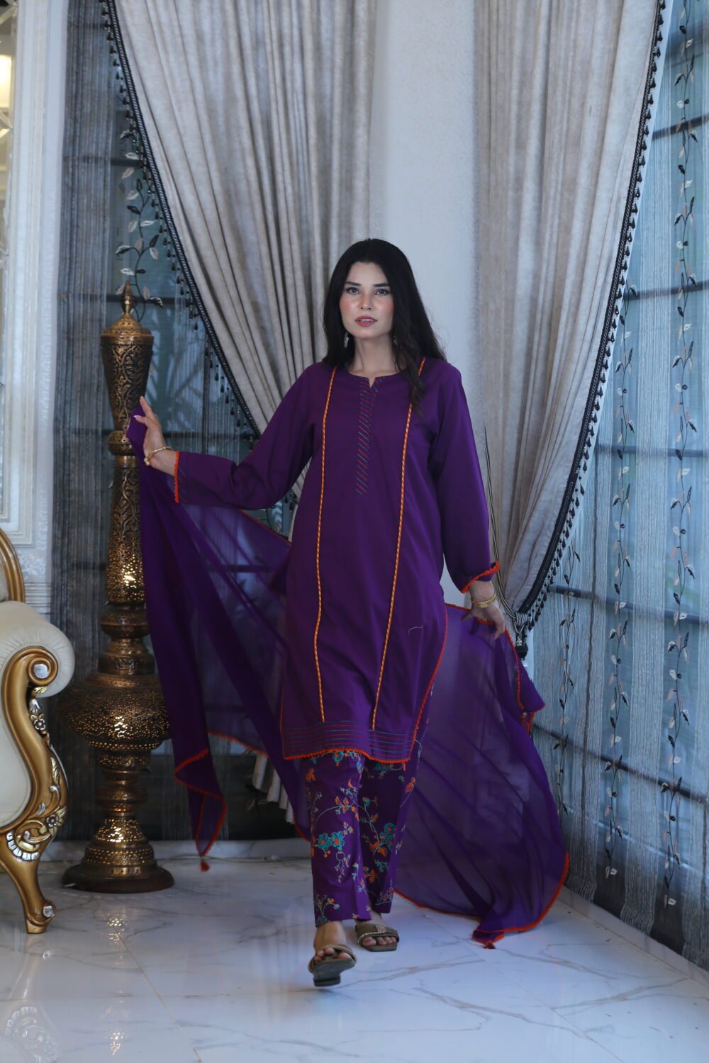Purple Charm – 3-Piece Lawn Suit with Block Print & Lace Details - Image 4