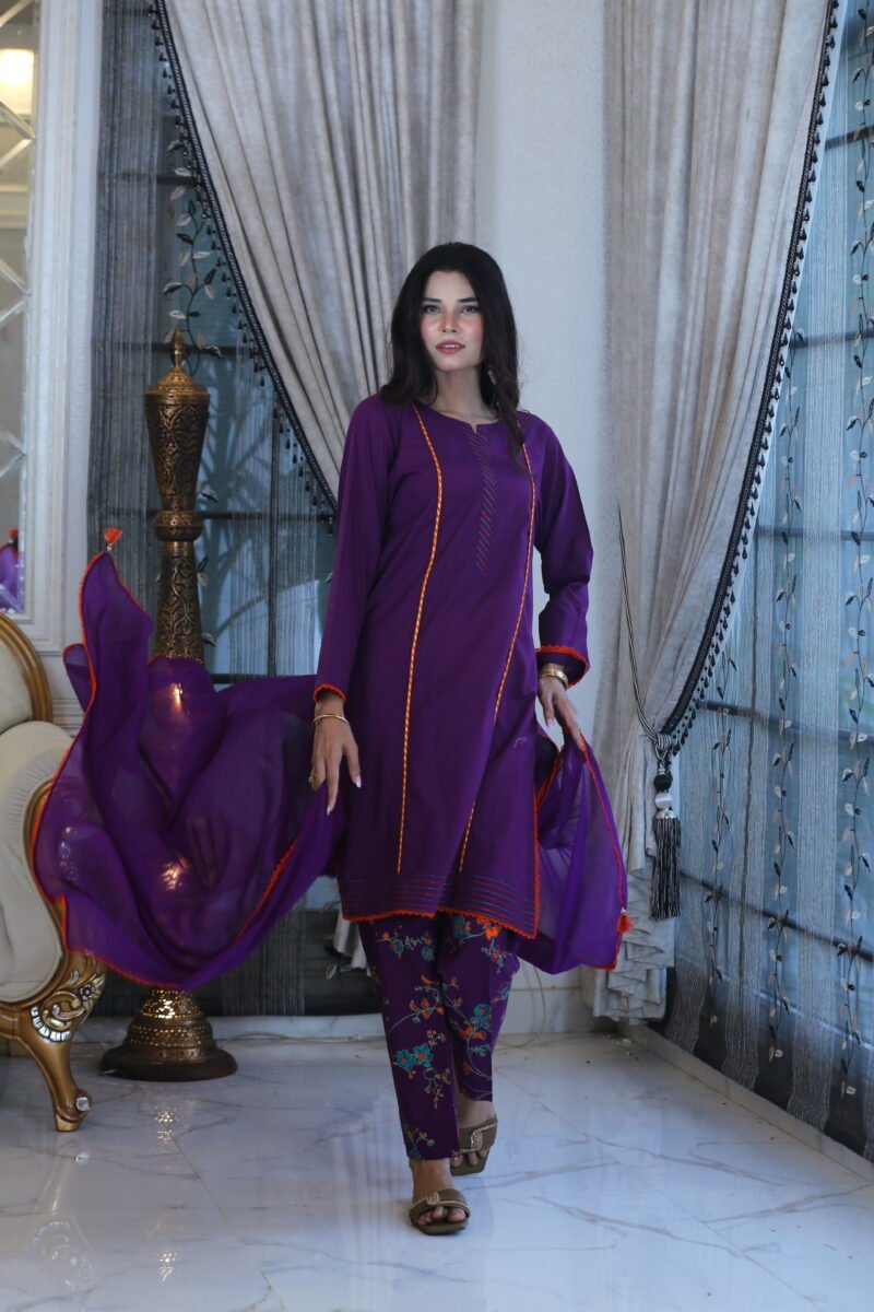 Purple Charm – 3-Piece Lawn Suit with Block Print & Lace Details