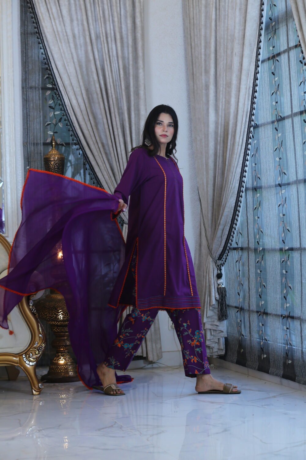 Purple Charm – 3-Piece Lawn Suit with Block Print & Lace Details - Image 8