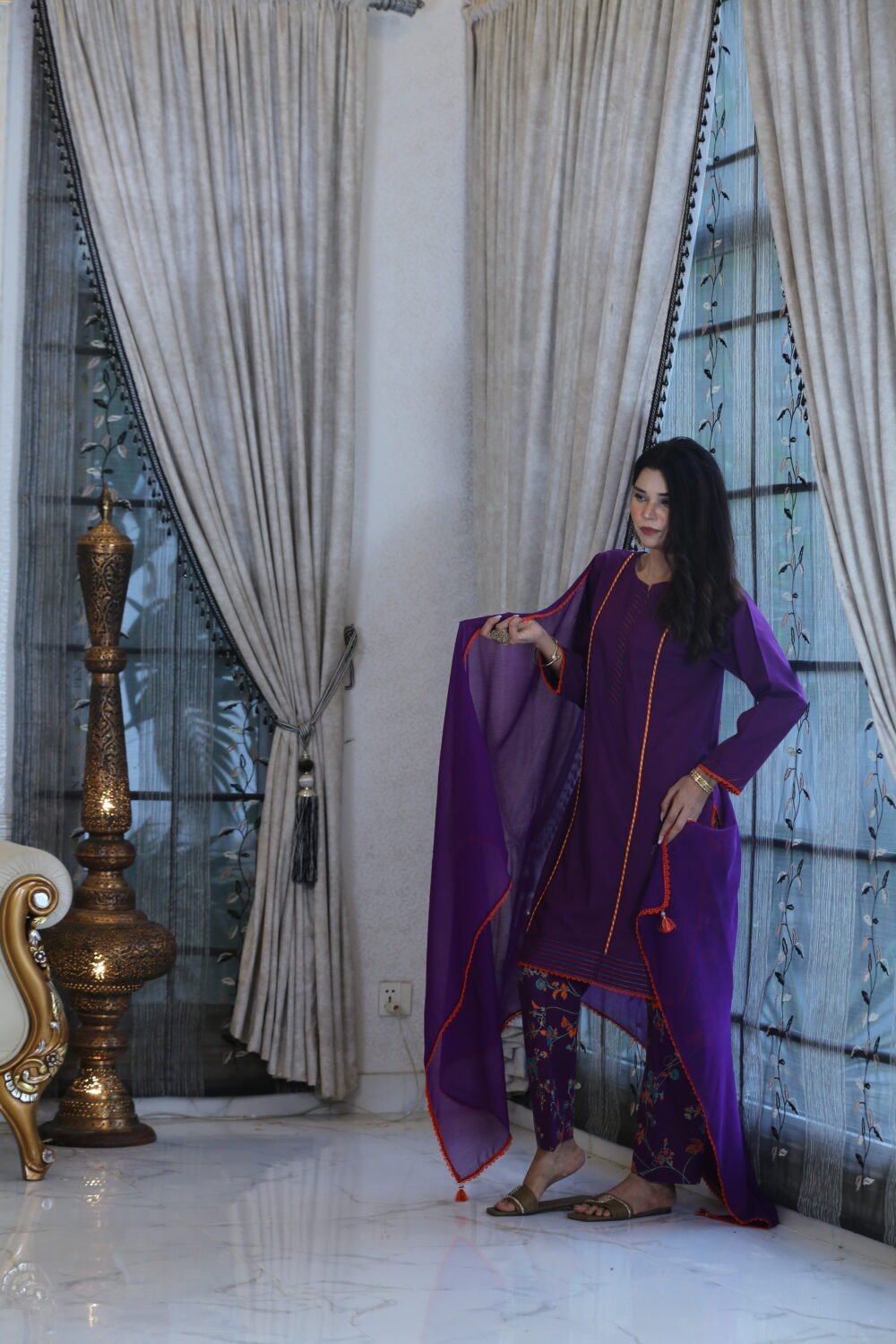 Purple Charm – 3-Piece Lawn Suit with Block Print & Lace Details - Image 9