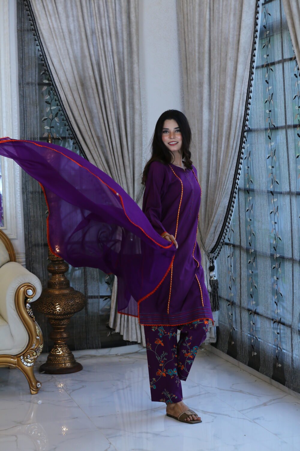 Purple Charm – 3-Piece Lawn Suit with Block Print & Lace Details - Image 10