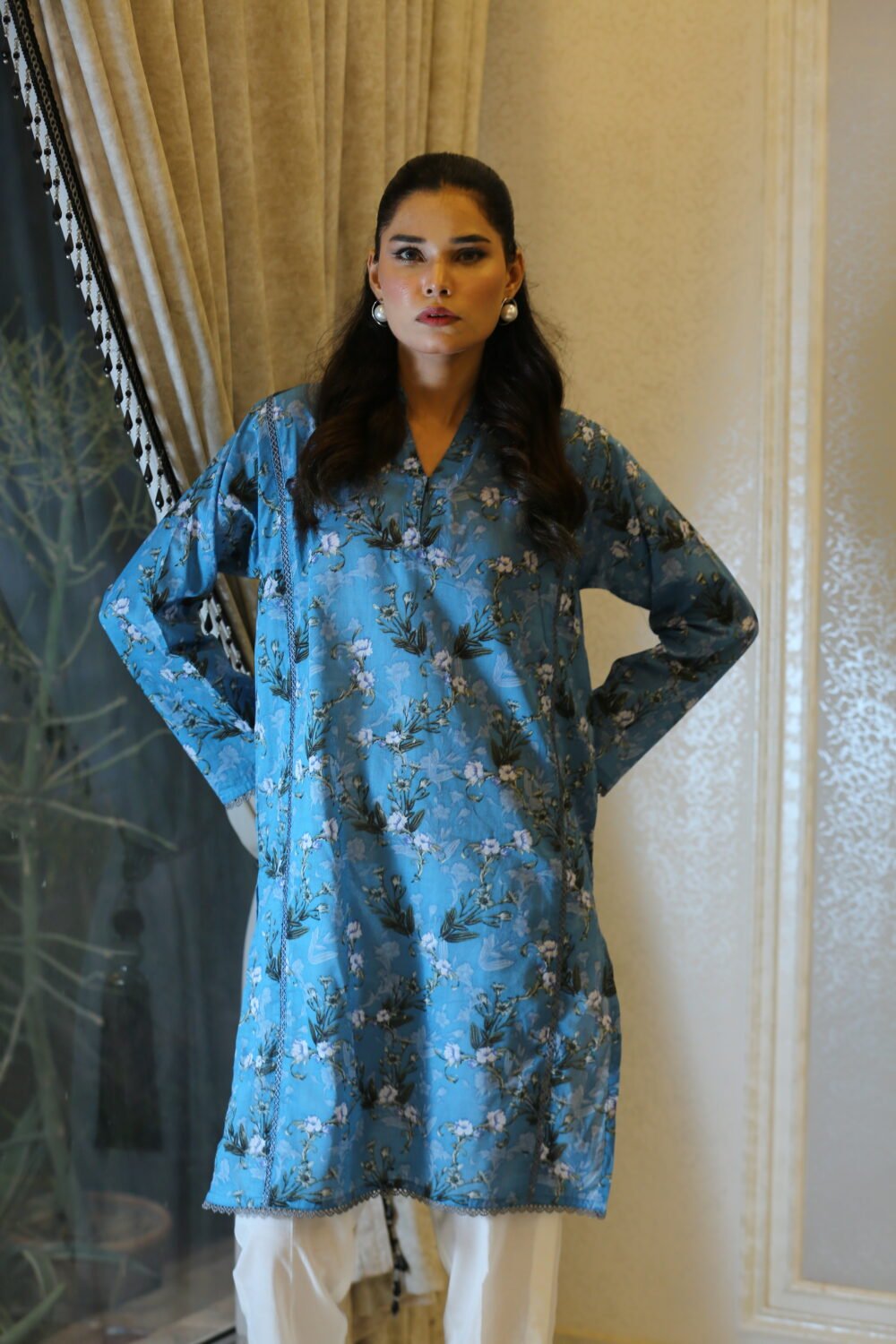 Bluebelle Bloom – Floral Lawn Blue Kurti - Image 3