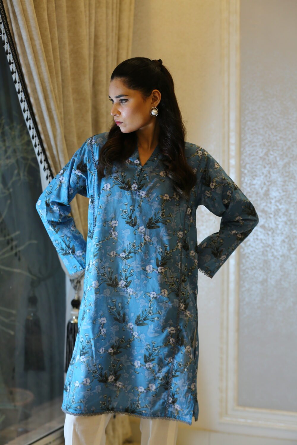 Bluebelle Bloom – Floral Lawn Blue Kurti - Image 4