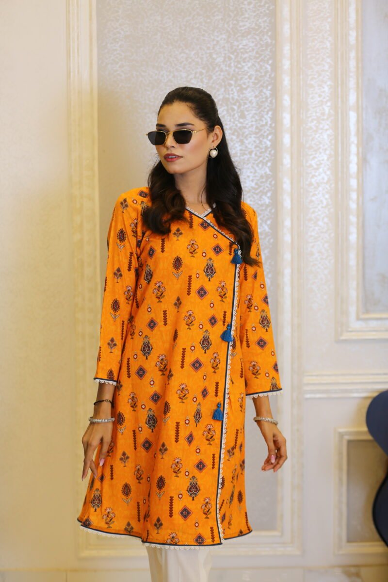 Saffron Aura – Angrakha Style Orange Lawn Kurti