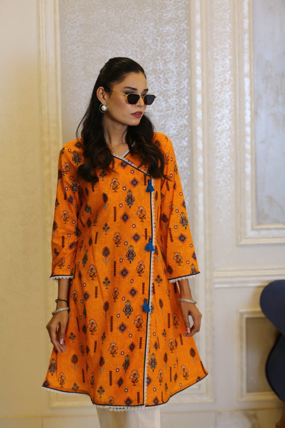 Saffron Aura – Angrakha Style Orange Lawn Kurti - Image 5
