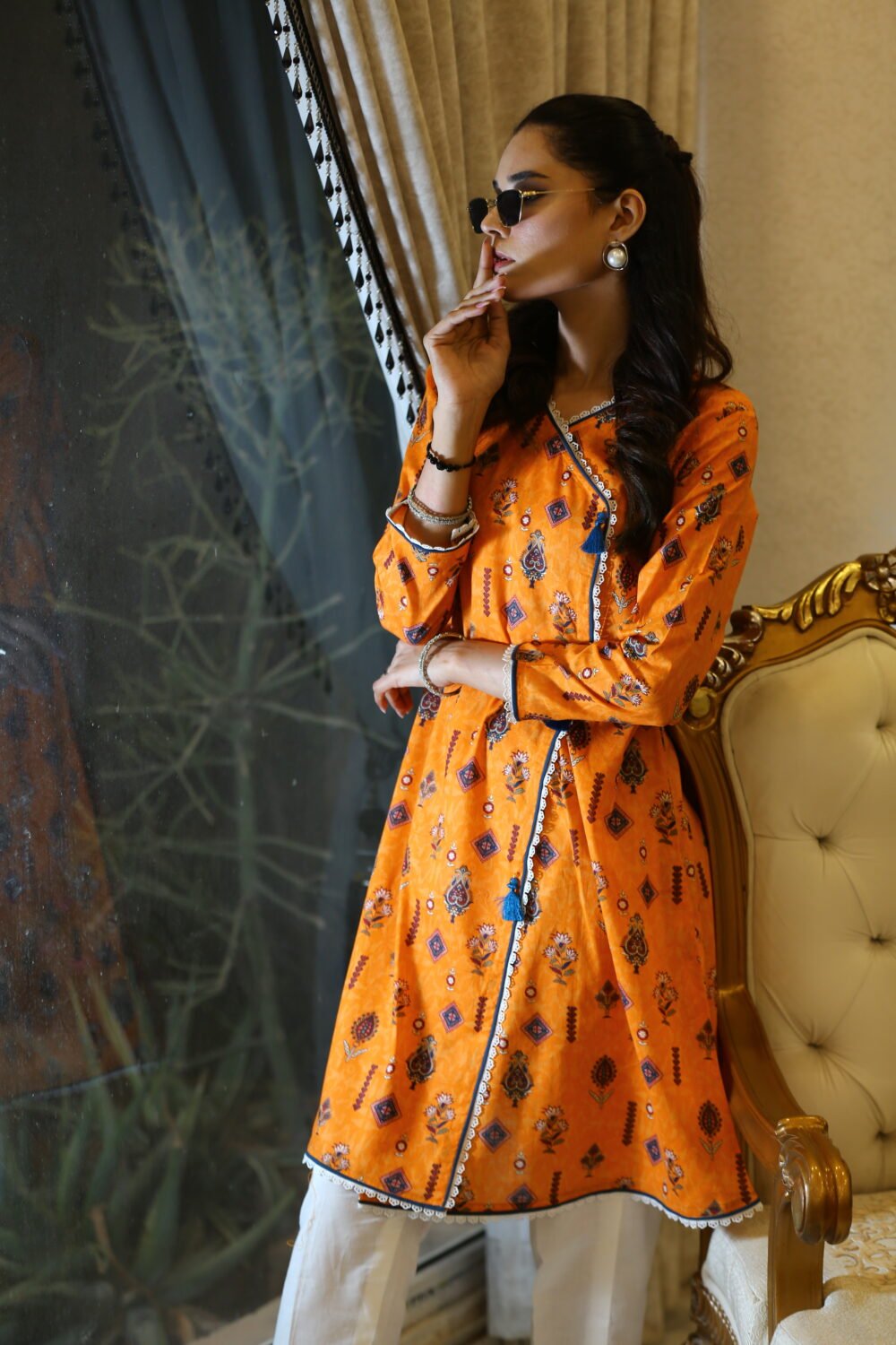 Saffron Aura – Angrakha Style Orange Lawn Kurti