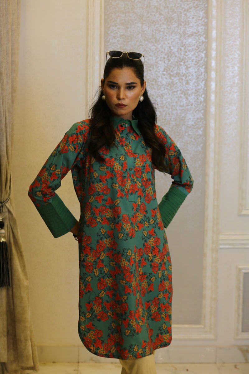 Meadow Bloom – Green Floral Lawn Kurti with Pleated Details
