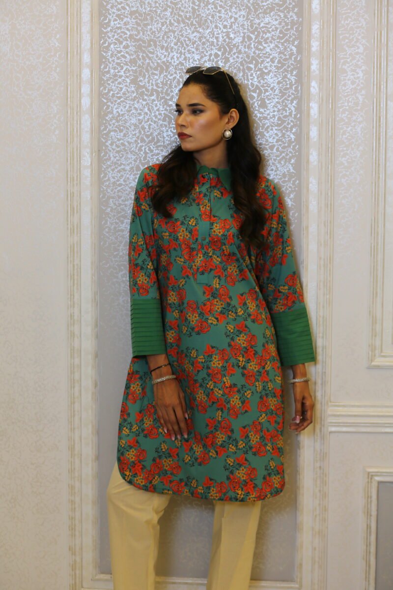 Meadow Bloom – Green Floral Lawn Kurti with Pleated Details