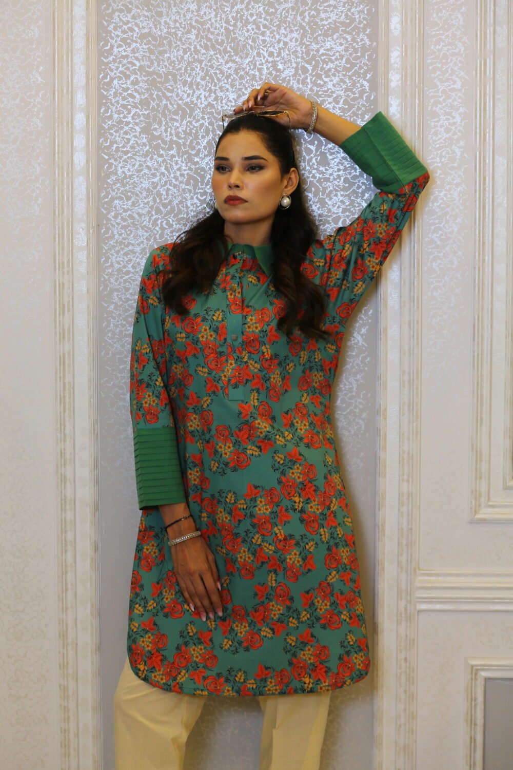 Meadow Bloom – Green Floral Lawn Kurti with Pleated Details - Image 3