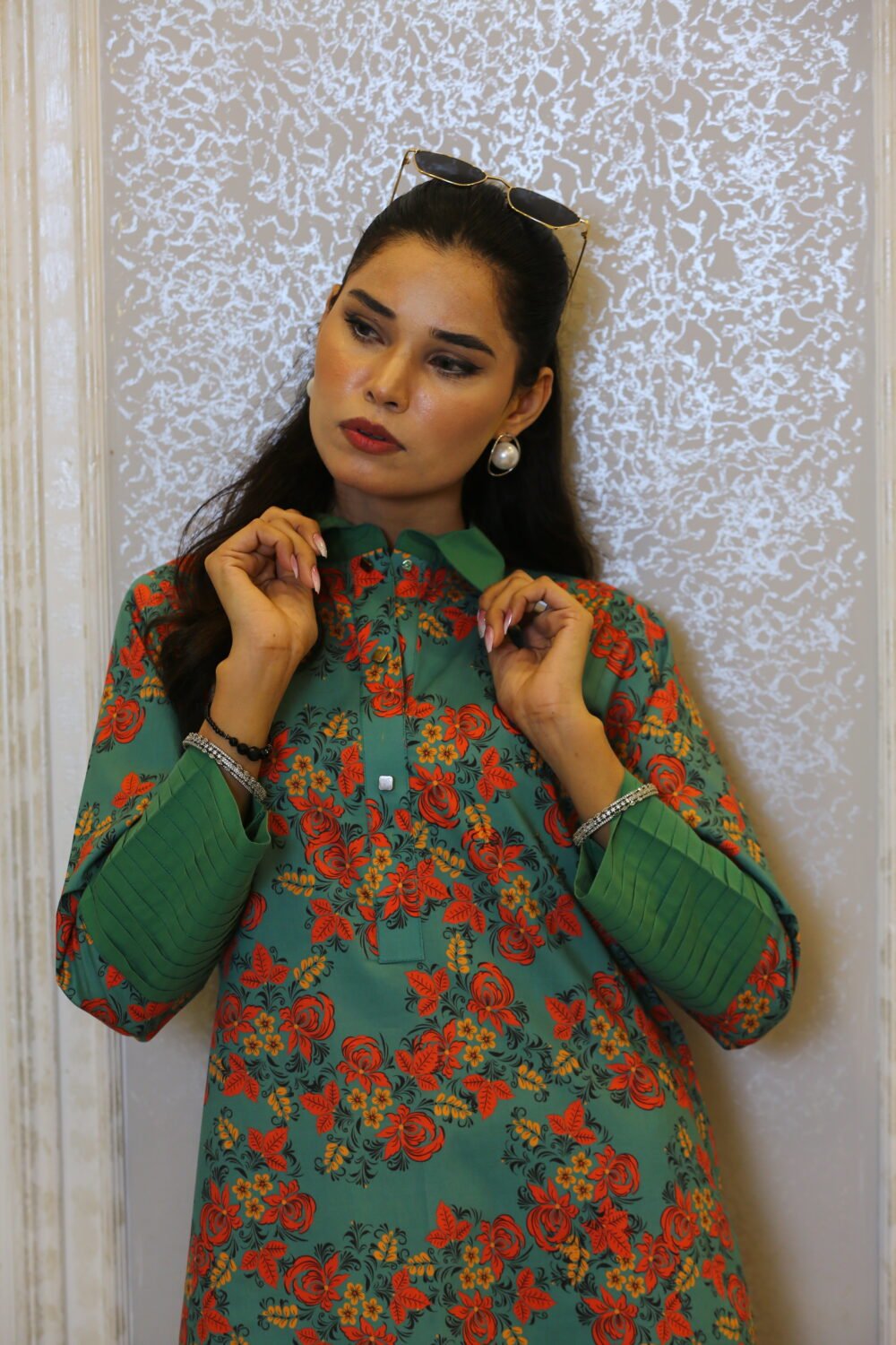 Meadow Bloom – Green Floral Lawn Kurti with Pleated Details - Image 4