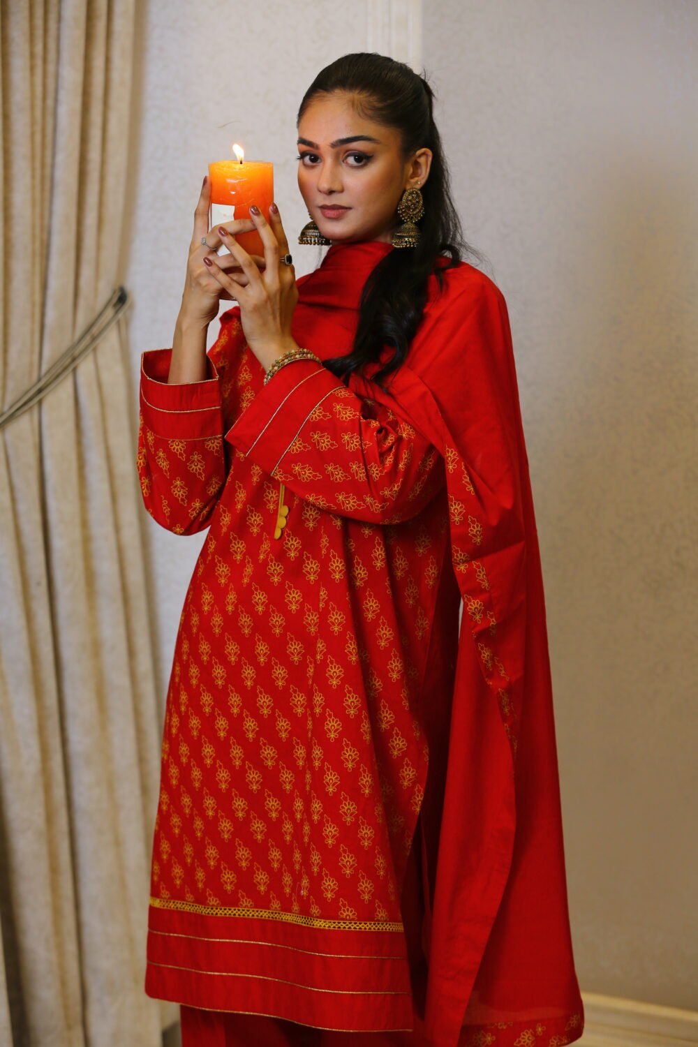 Festive Red – 3-Piece Formal Set with Lawn Shirt, Dupatta & Yarn-Dyed Trouser - Image 6