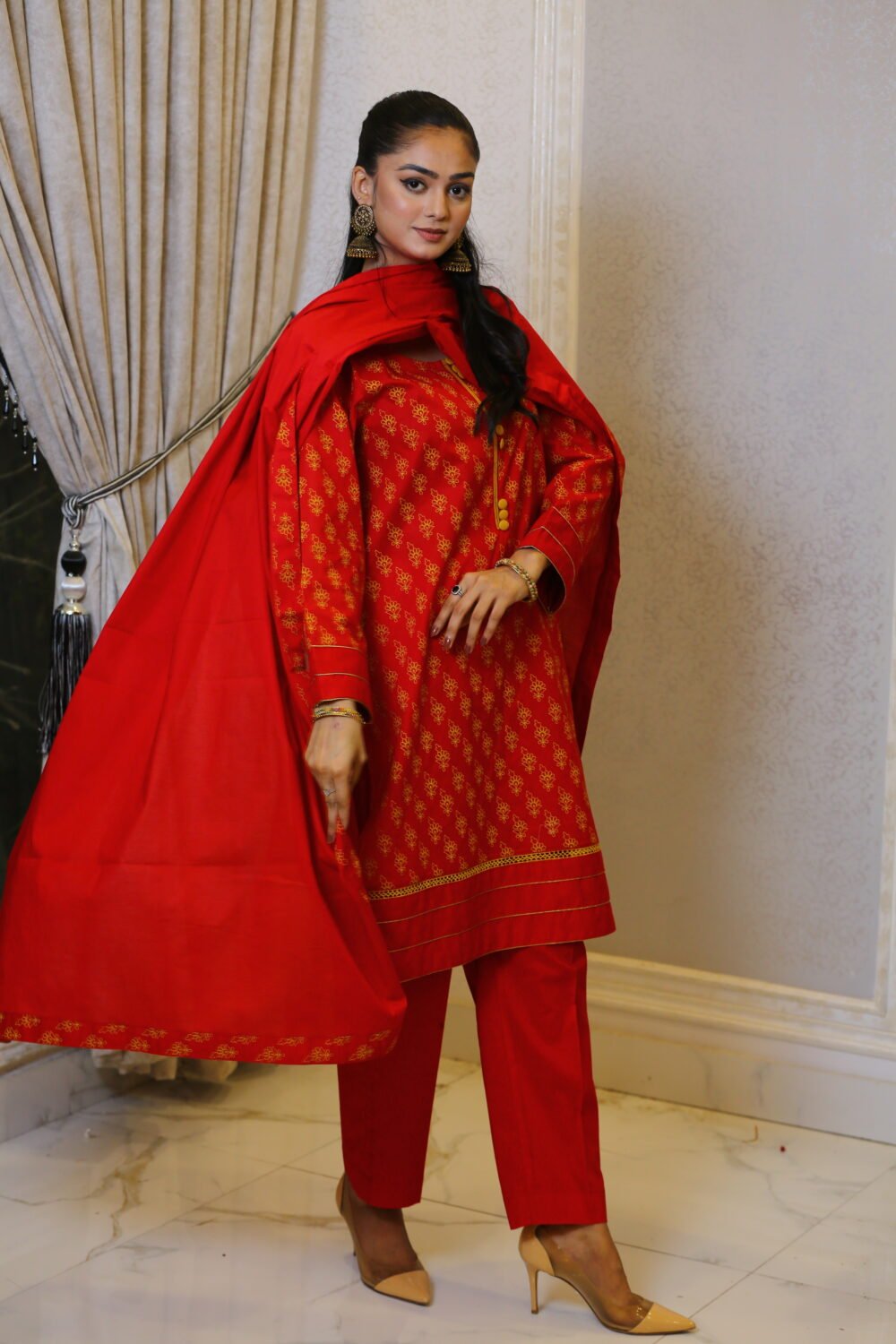 Festive Red – 3-Piece Formal Set with Lawn Shirt, Dupatta & Yarn-Dyed Trouser - Image 7