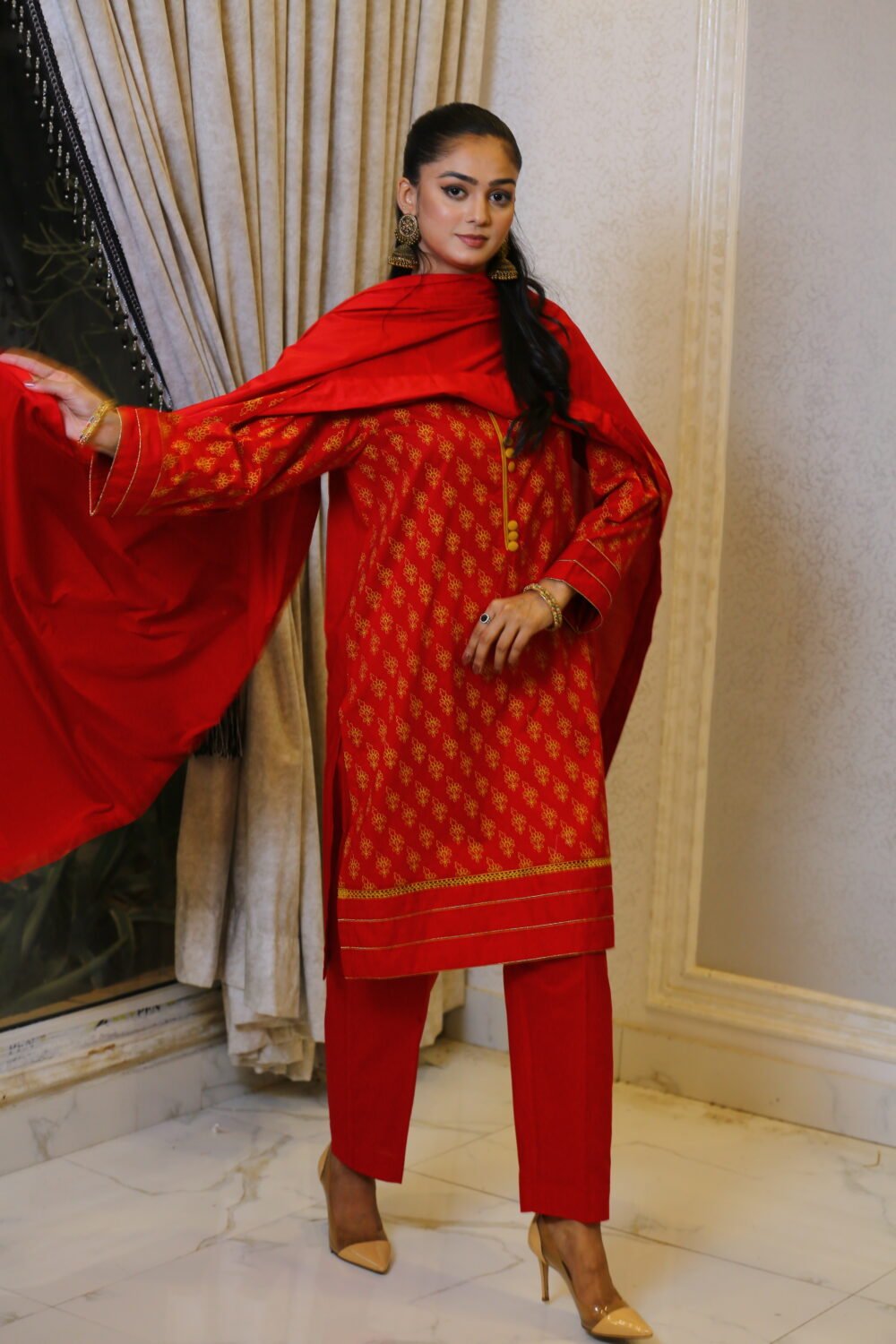 Festive Red – 3-Piece Formal Set with Lawn Shirt, Dupatta & Yarn-Dyed Trouser - Image 8