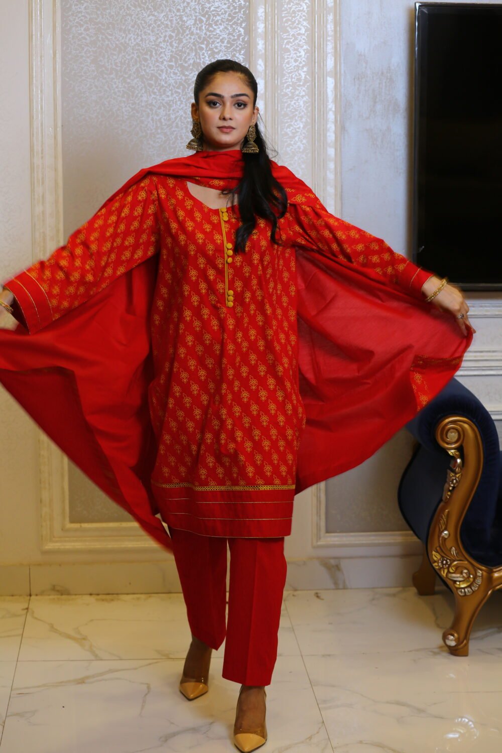 Festive Red – 3-Piece Formal Set with Lawn Shirt, Dupatta & Yarn-Dyed Trouser - Image 3