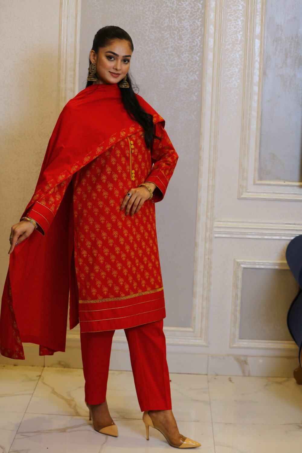 Festive Red – 3-Piece Formal Set with Lawn Shirt, Dupatta & Yarn-Dyed Trouser - Image 4