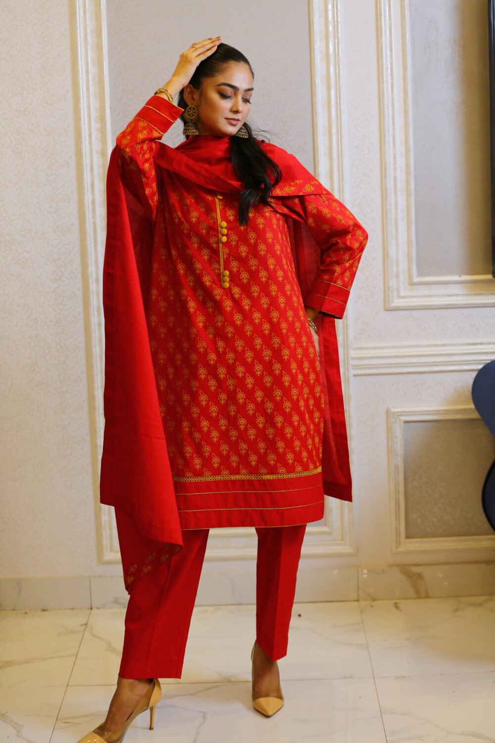 Festive Red – 3-Piece Formal Set with Lawn Shirt, Dupatta & Yarn-Dyed Trouser - Image 9
