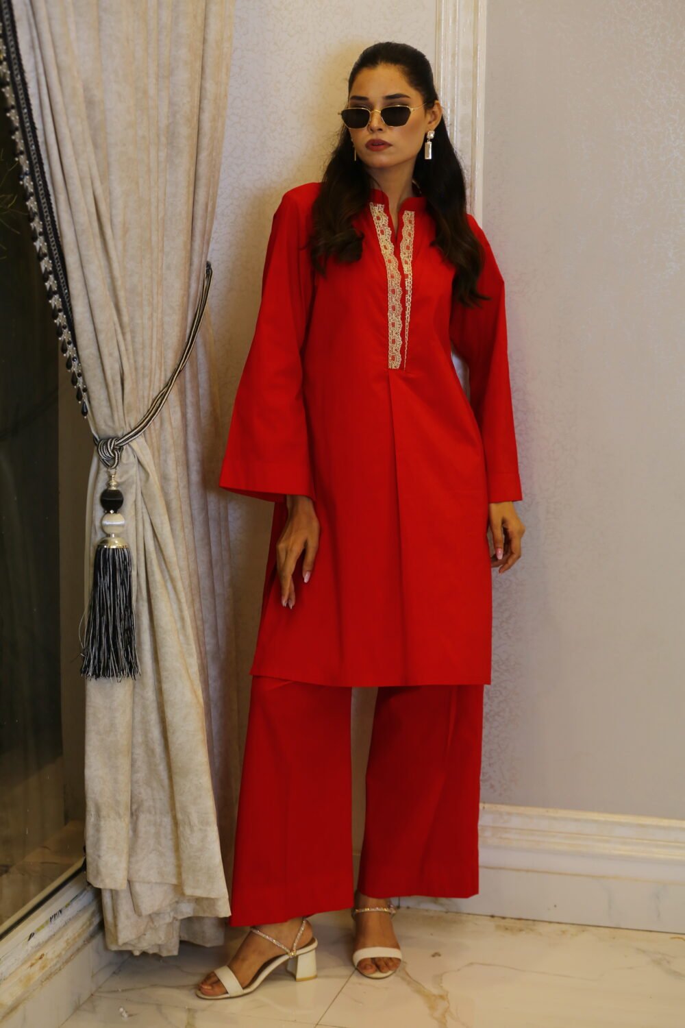 Crimson Set – 2-Piece Red Coord Set with Lace Neck & Box Pleats - Image 3