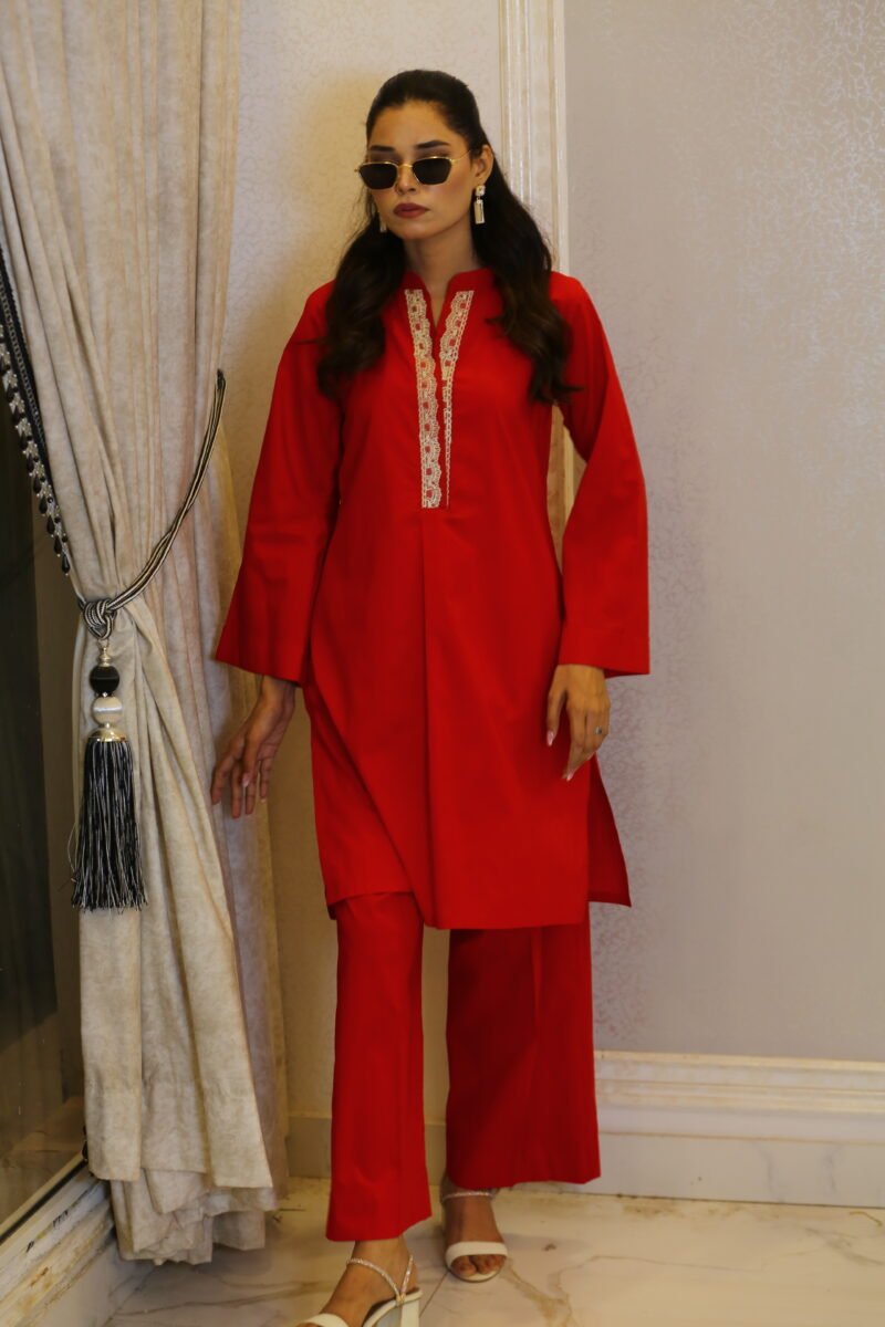 Crimson Set – 2-Piece Red Coord Set with Lace Neck & Box Pleats