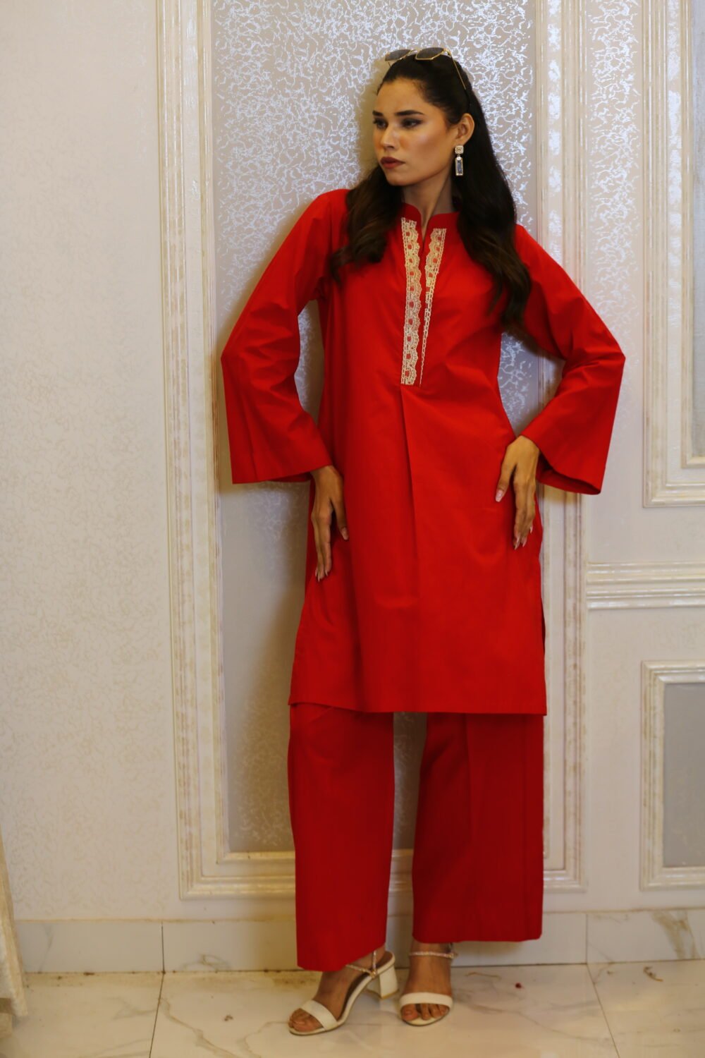 Crimson Set – 2-Piece Red Coord Set with Lace Neck & Box Pleats - Image 4